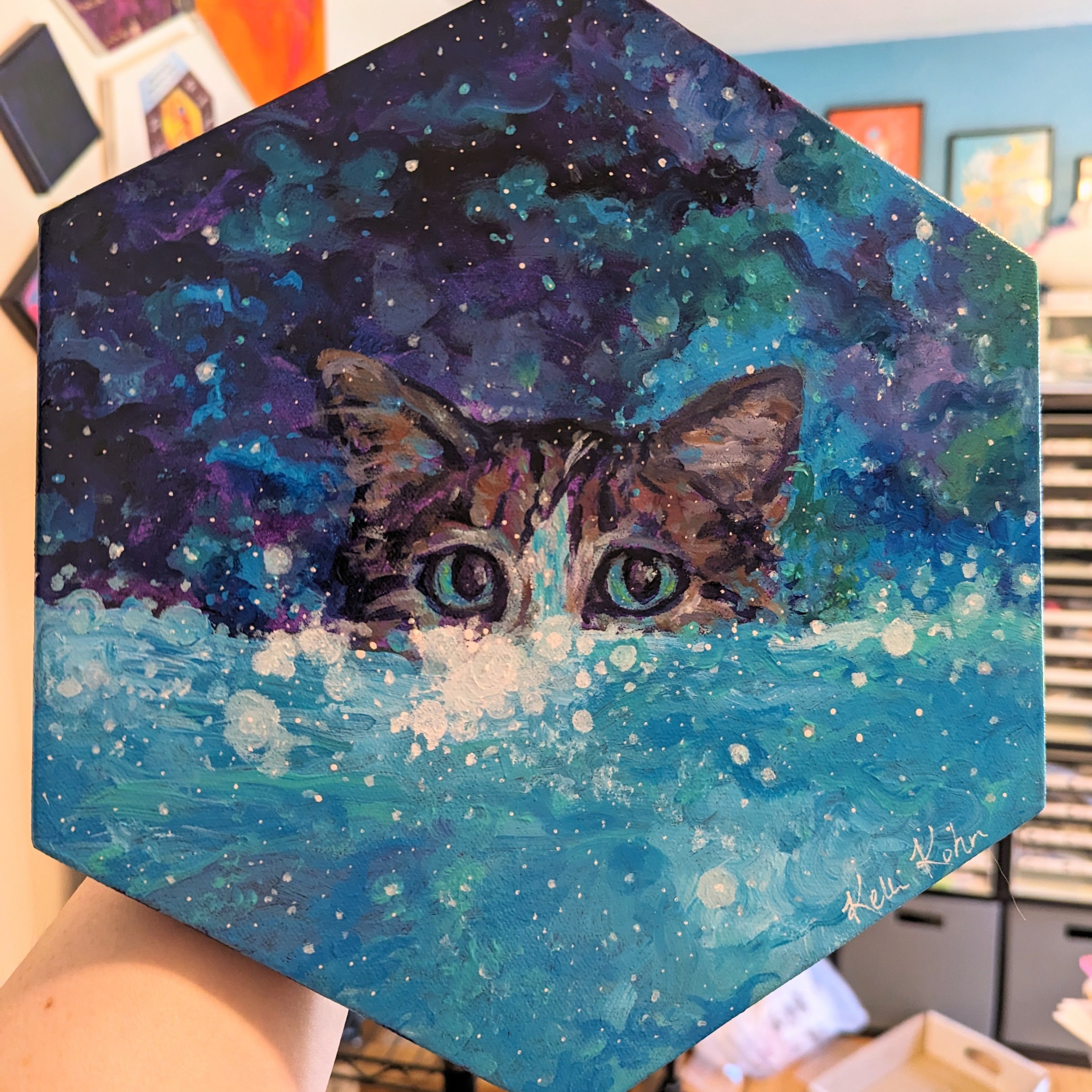 I Blow Bubbles When You Are Not Here - Original Painting 10 x 11.5 Hexagonal