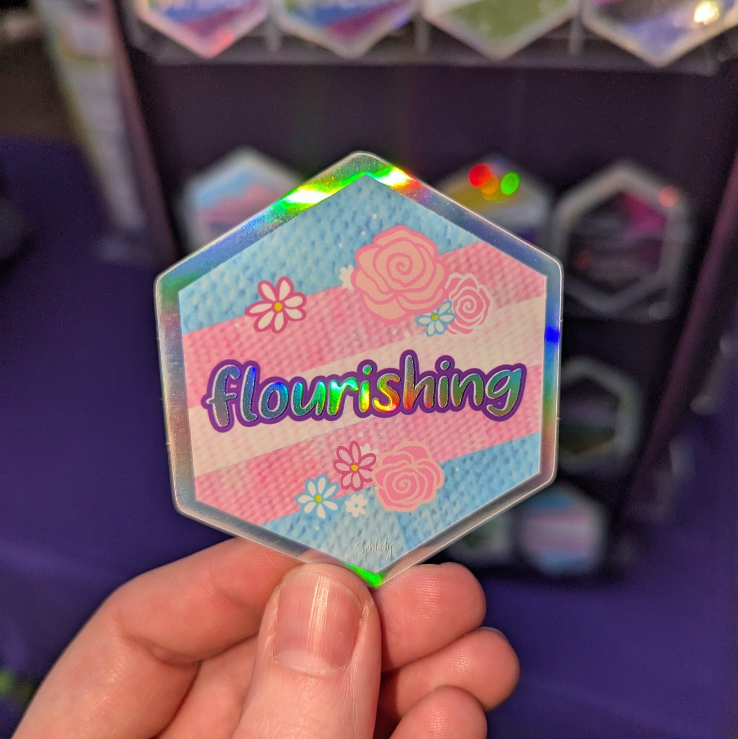 Trans Flourishing - Holographic Hexagon Sticker