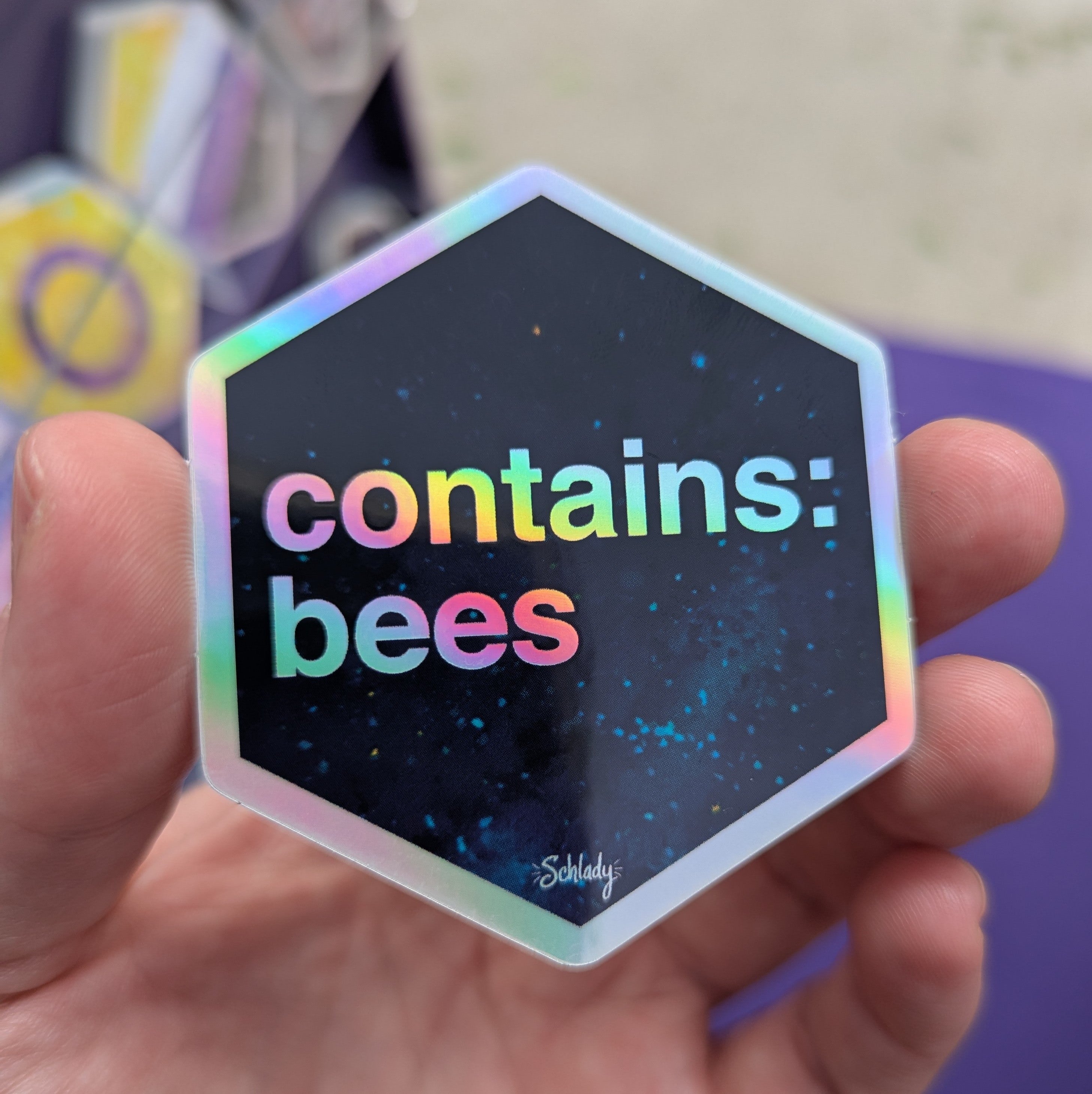 Contains Bees - Holographic Hexagon Sticker