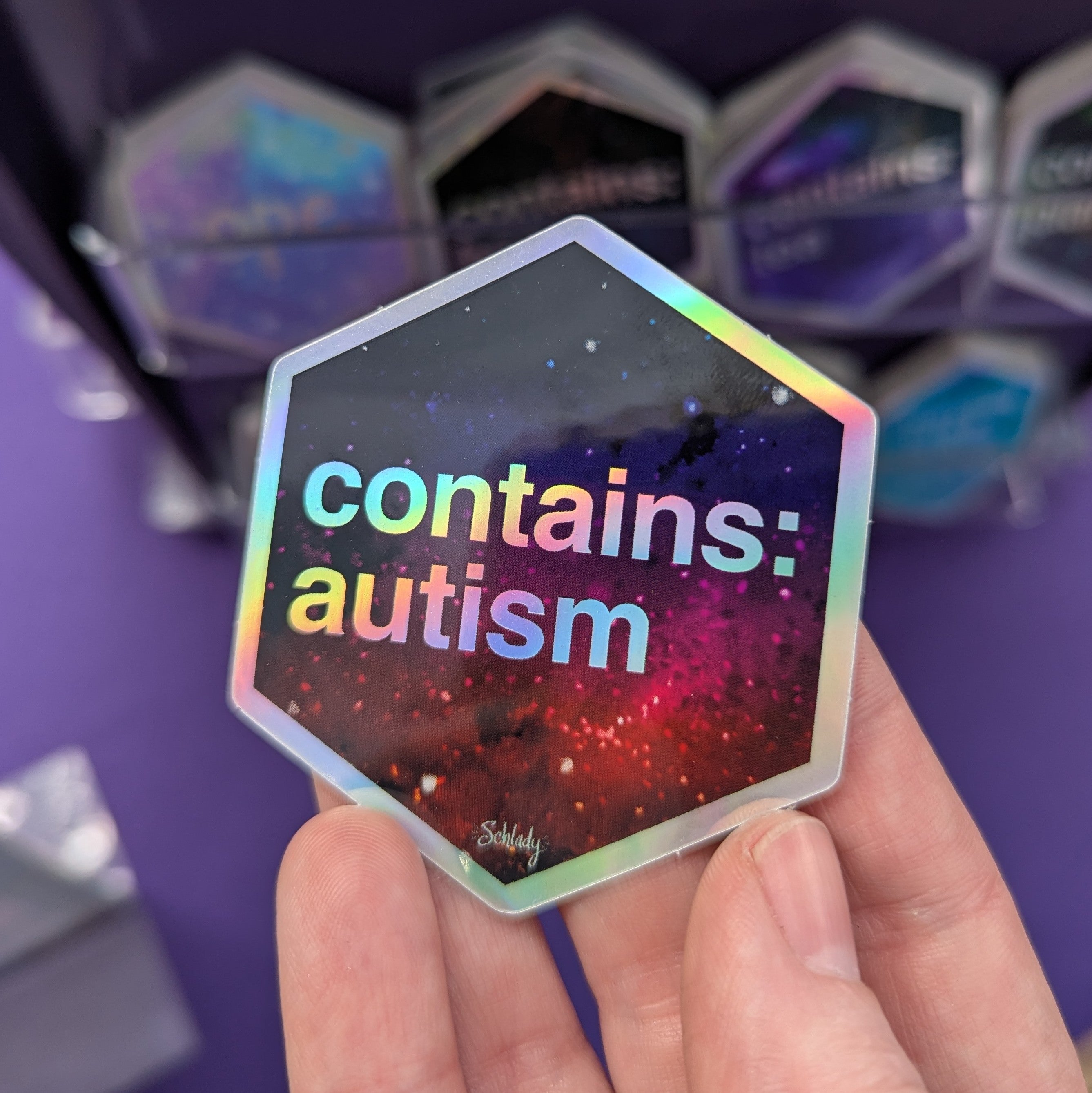 Contains Autism - Holographic Hexagon Sticker
