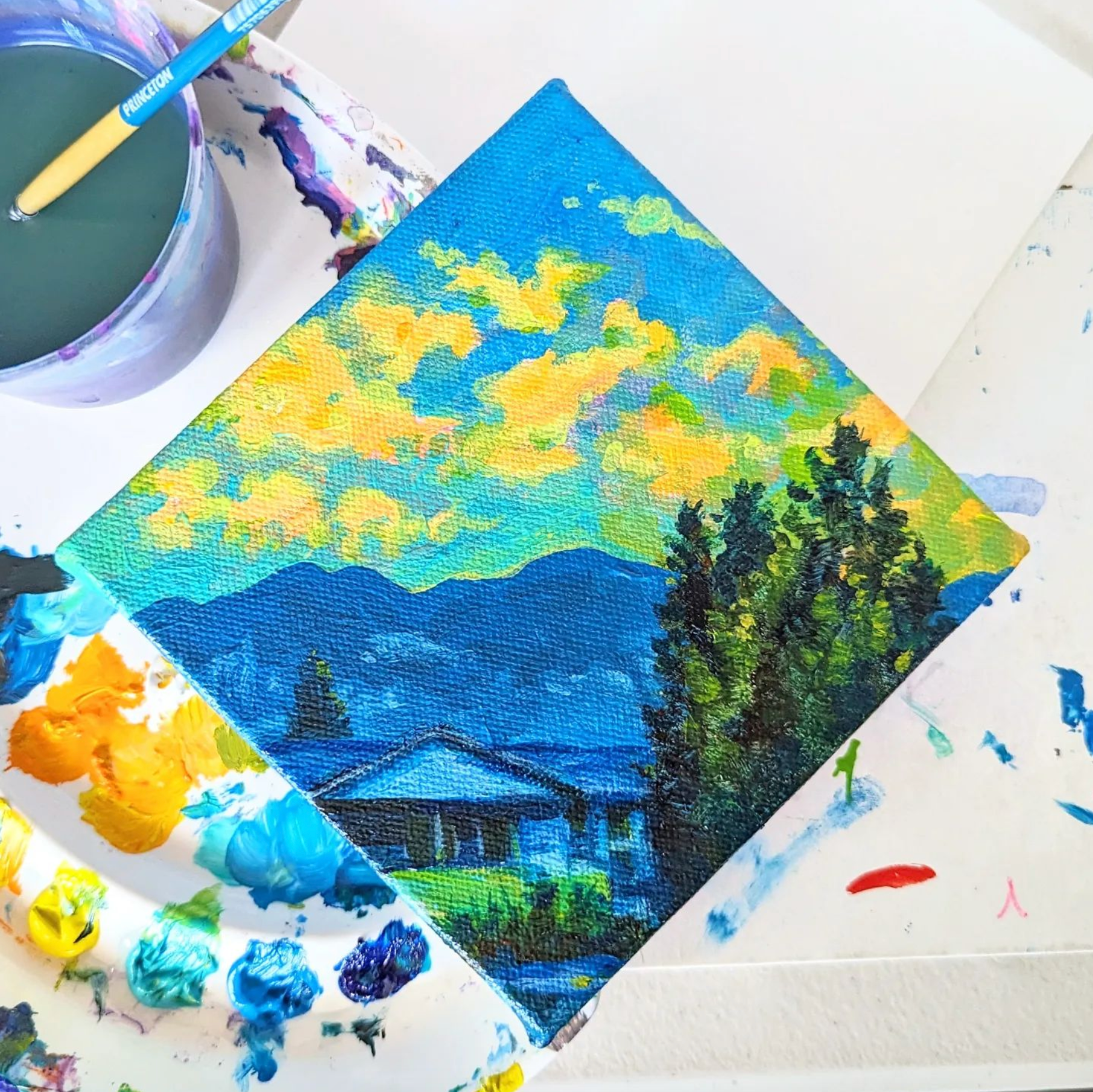 Mountain Moment - Late Popcorn Clouds - Original Painting 7"w Diamond