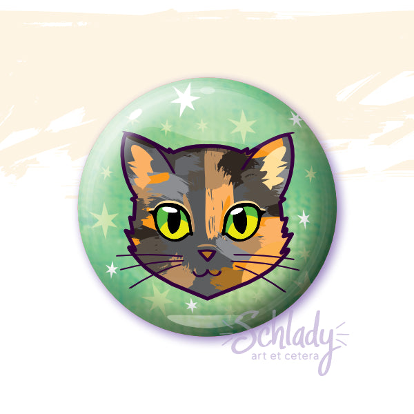 Tortie Cat - Green Eyes - Button Pin