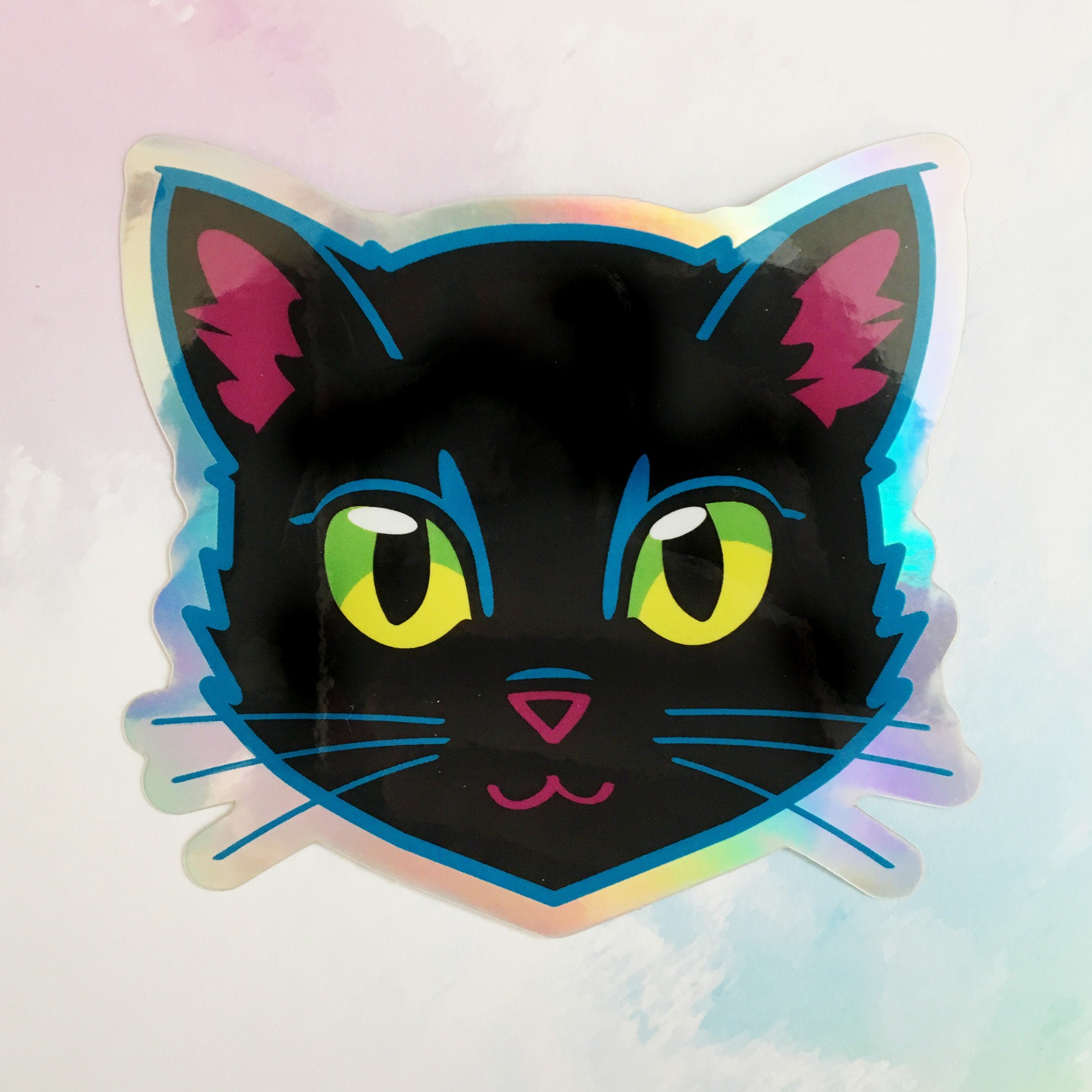 Black Cat Face (Green Eyes) - Holographic Sticker