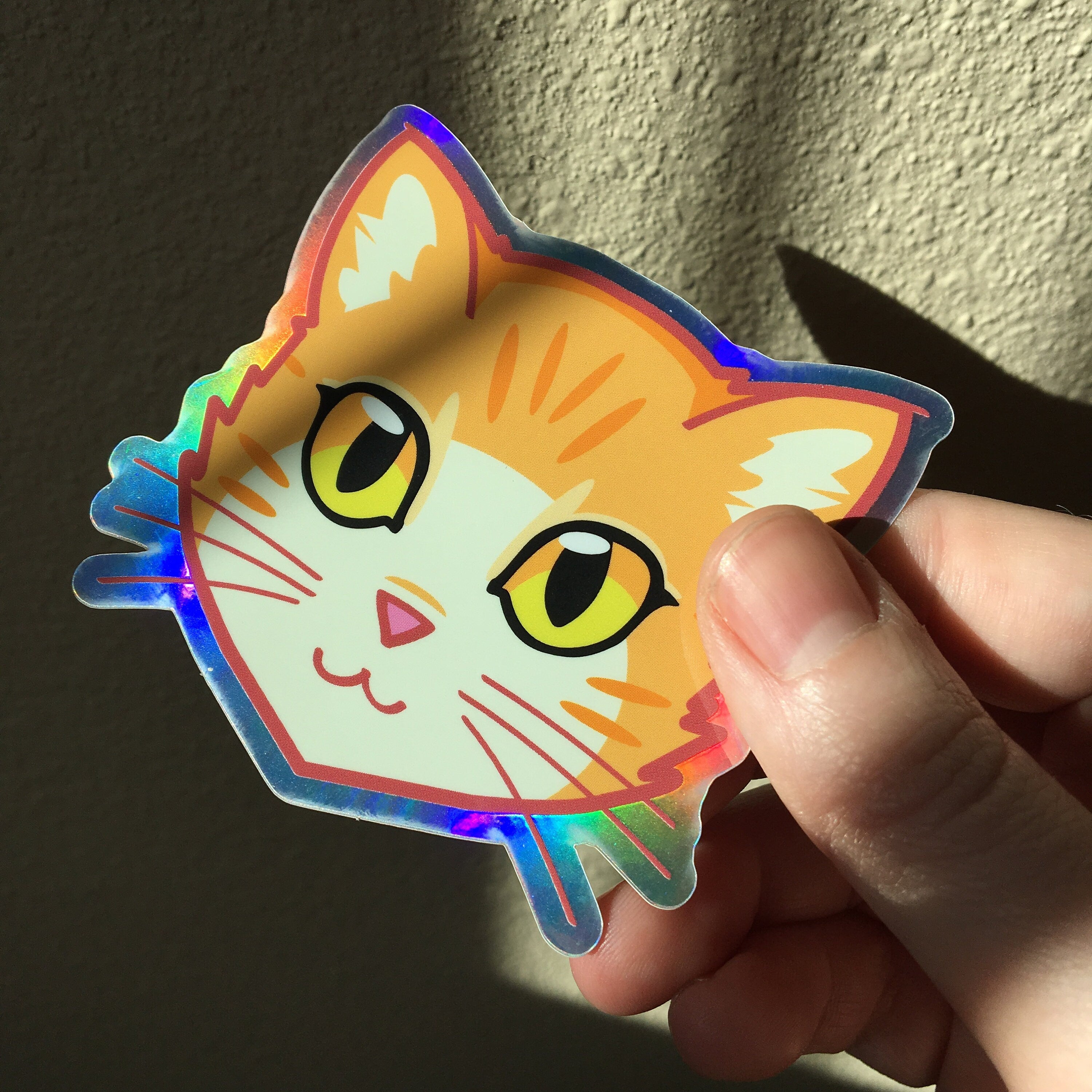 Orange & White Cat Face - Holographic Sticker