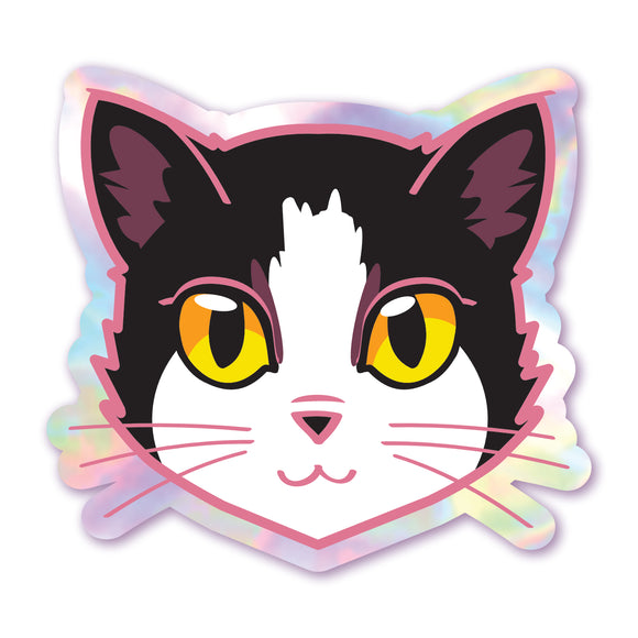 Tuxedo Cat Face (Gold Eyes) - Holographic Sticker