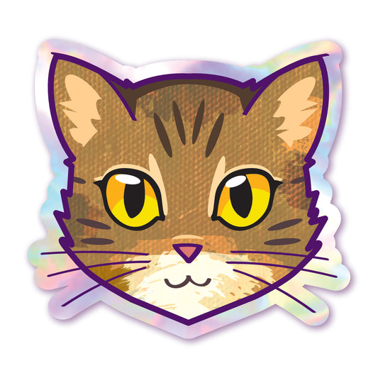 Brown Tabby Cat Face (Gold Eyes) - Holographic Sticker