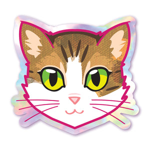 Brown & White Tabby Cat Face (Green Eyes) - Holographic Sticker
