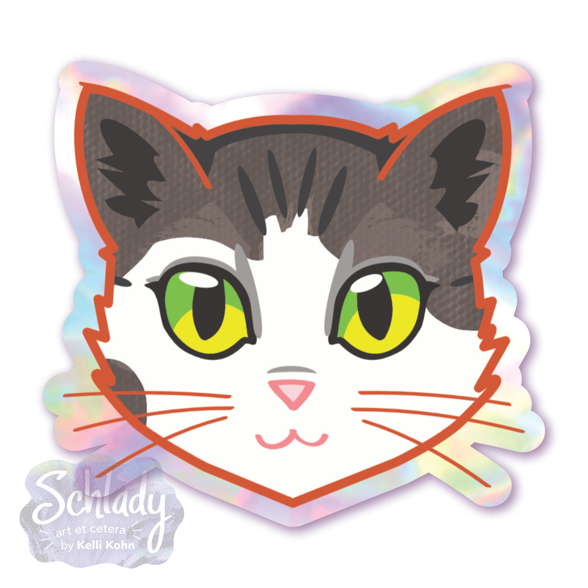 Dark Tabby Spots Cat Face (Green Eyes) - Holographic Sticker