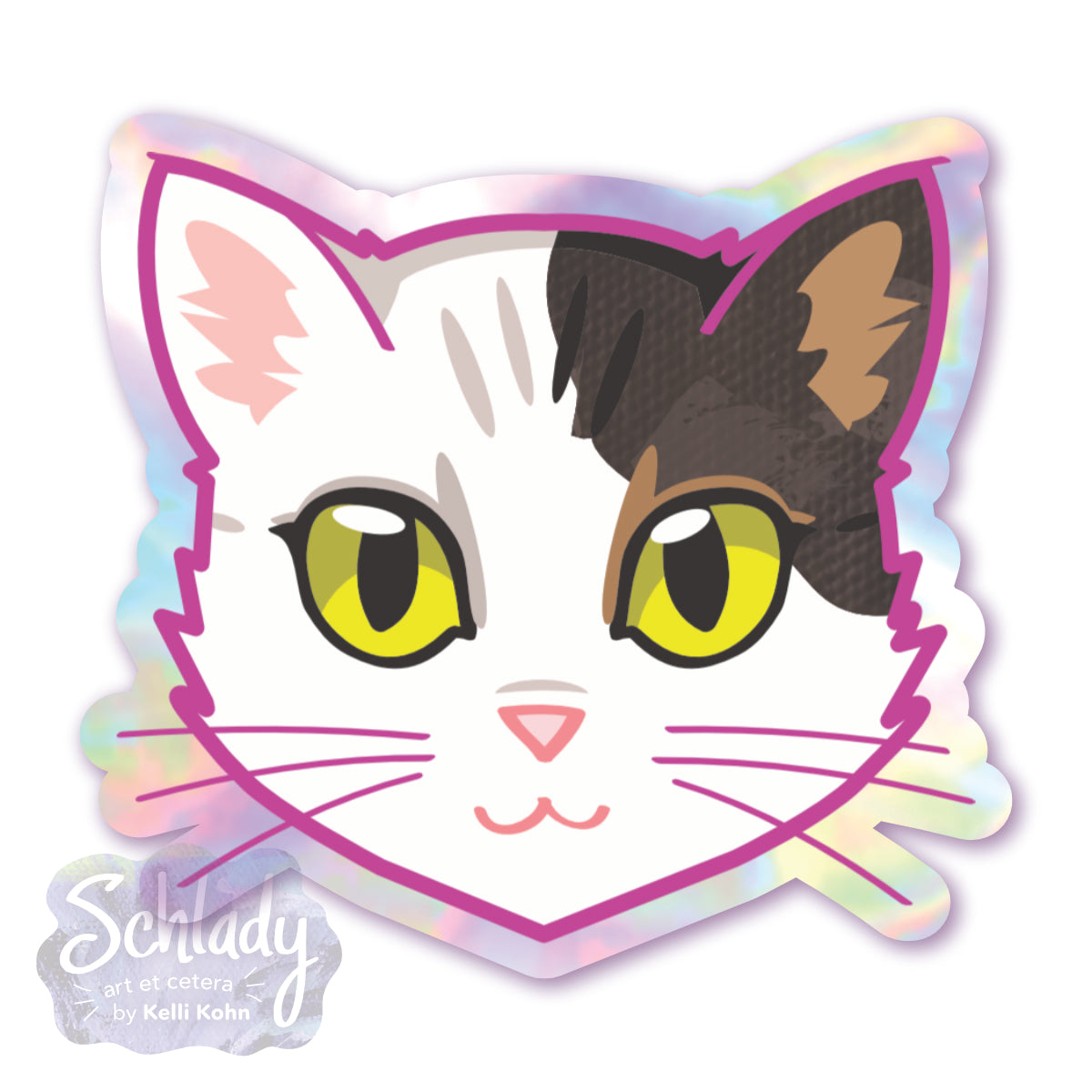 White & Dark Tabby Spot Cat Face - Holographic Sticker