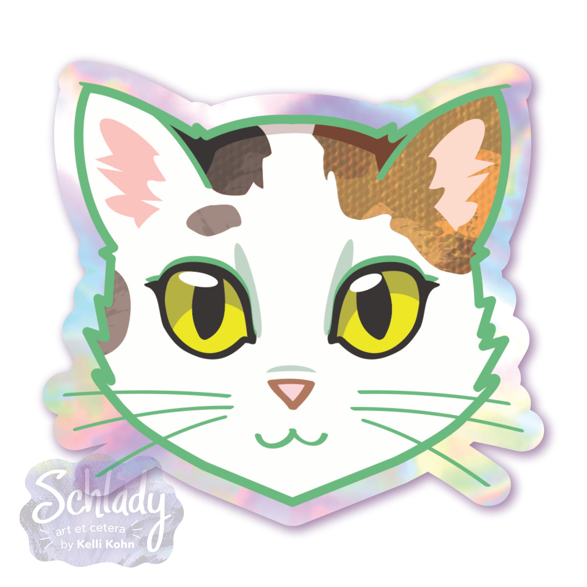 Calico Spots Cat Face (Yellow Eyes) - Holographic Sticker