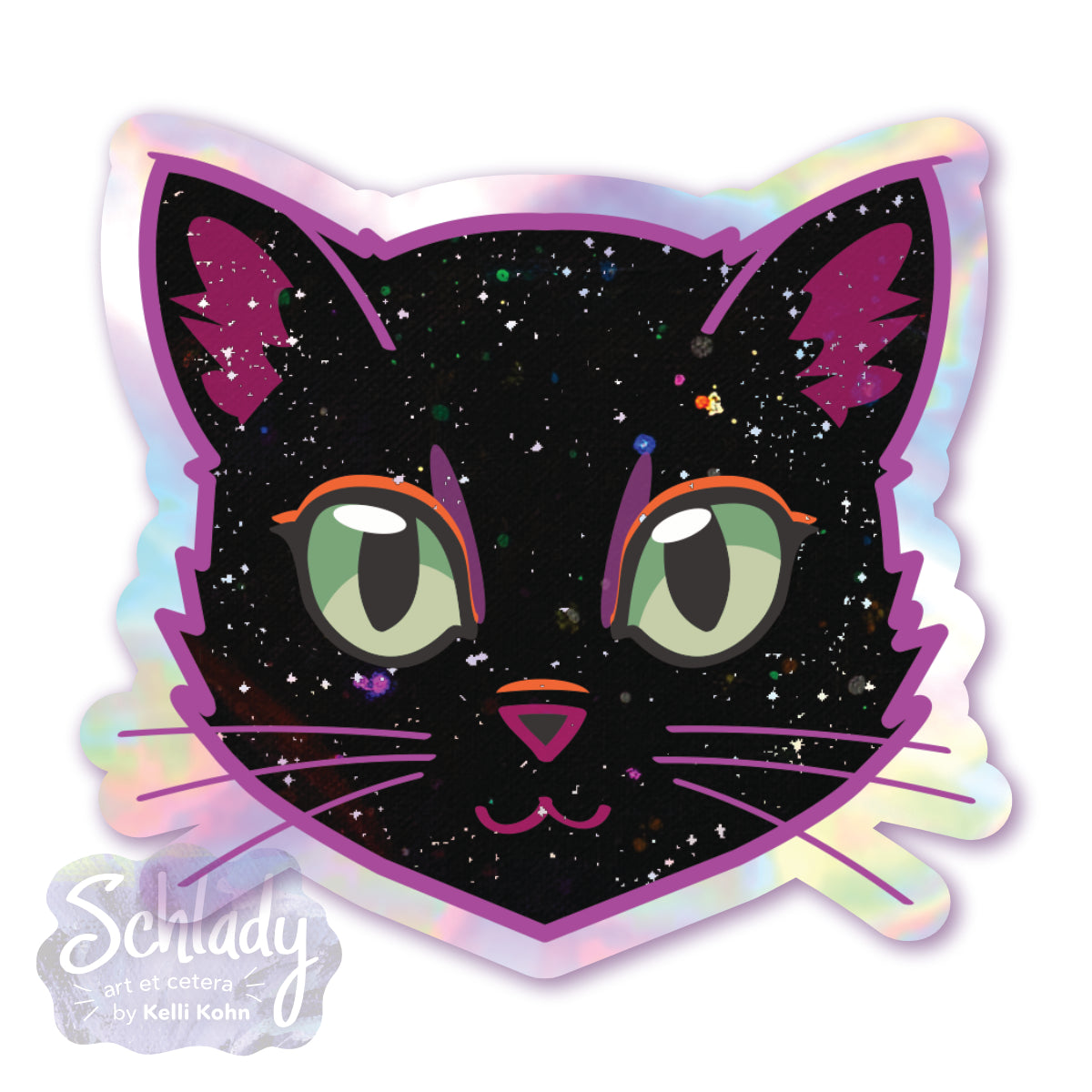 Galaxy Cat - Black Sparkles - Holographic Sticker