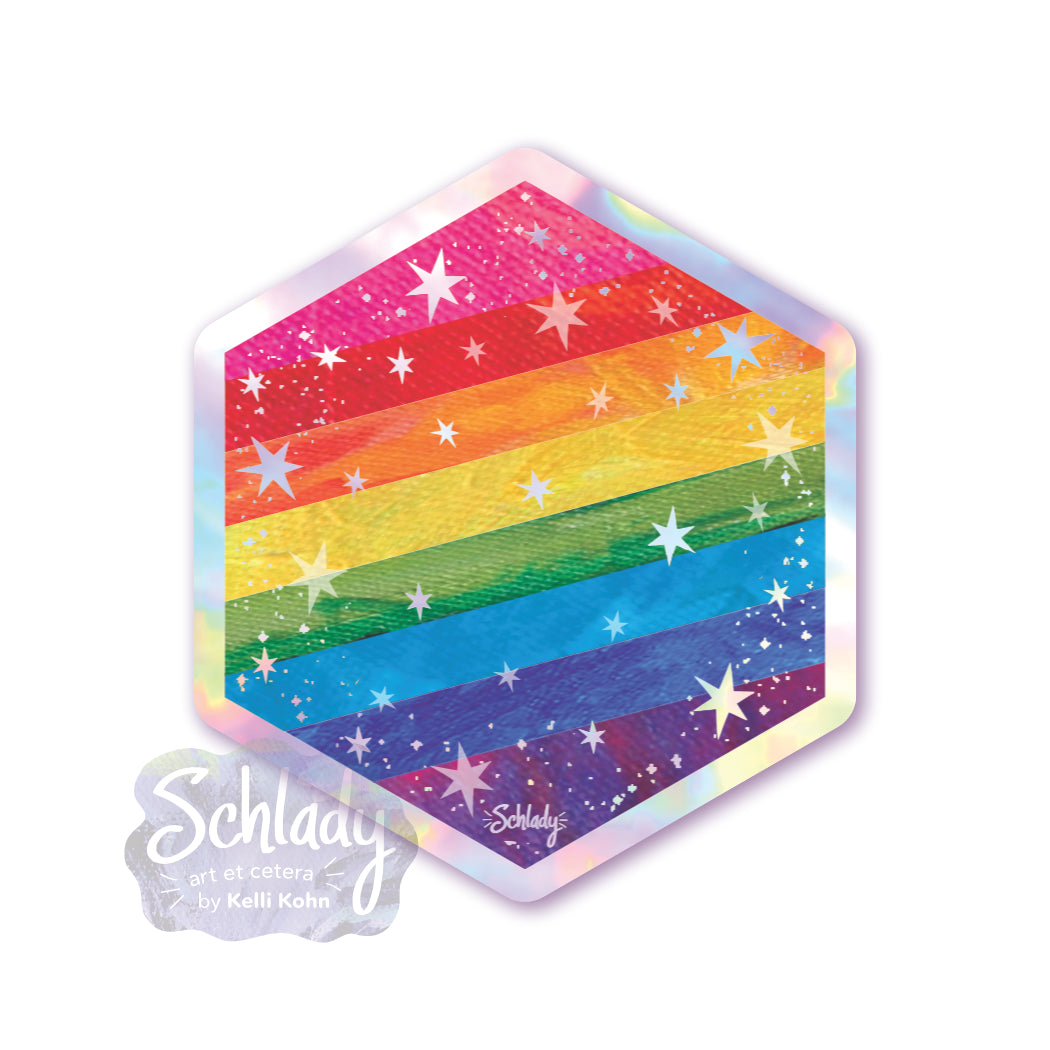 Starry Rainbow Pride Flag - Holographic Hexagon Sticker
