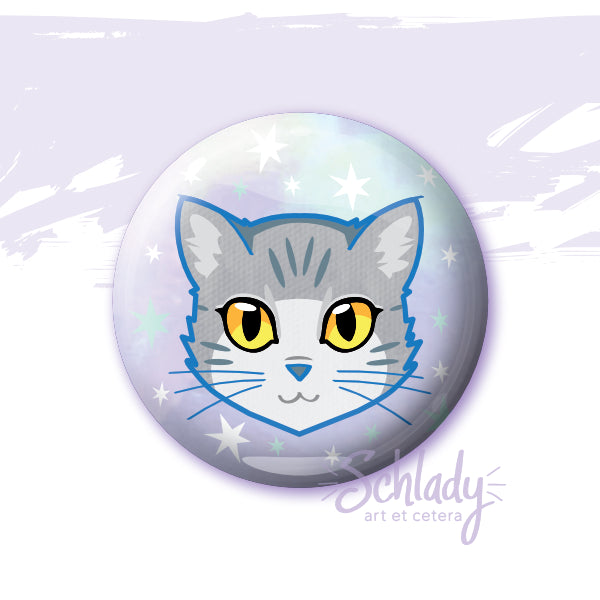 Light Grey Cat - Yellow Eyes - Button Pin