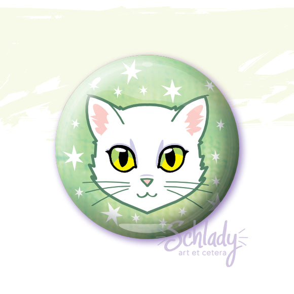 White Cat - Green Eyes - Button Pin