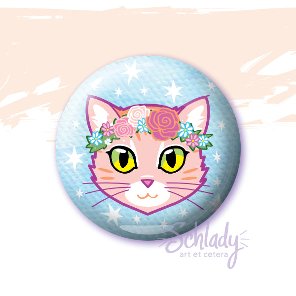 Flower Crown Cat - Button Pin