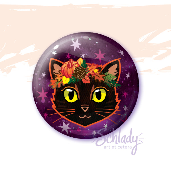 Autumn Harvest Crown Cat - Button Pin