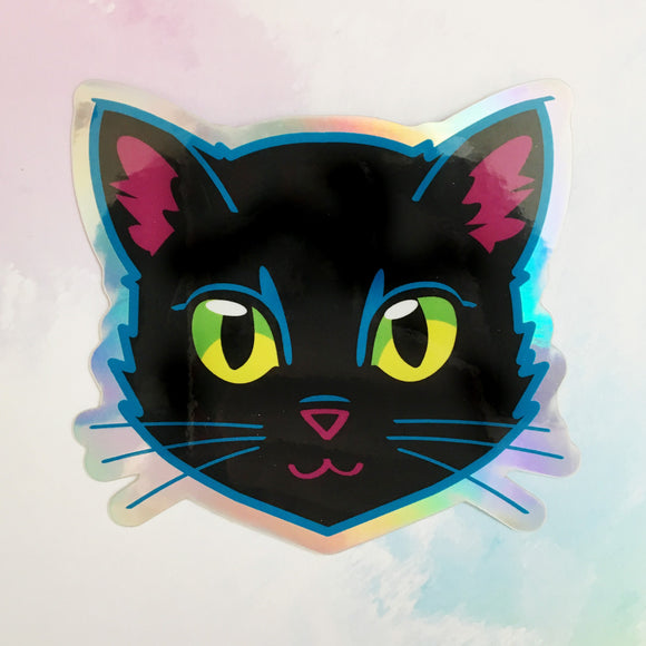 Black Cat Face (Green Eyes) - Holographic Sticker