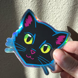 Black Cat Face (Green Eyes) - Holographic Sticker