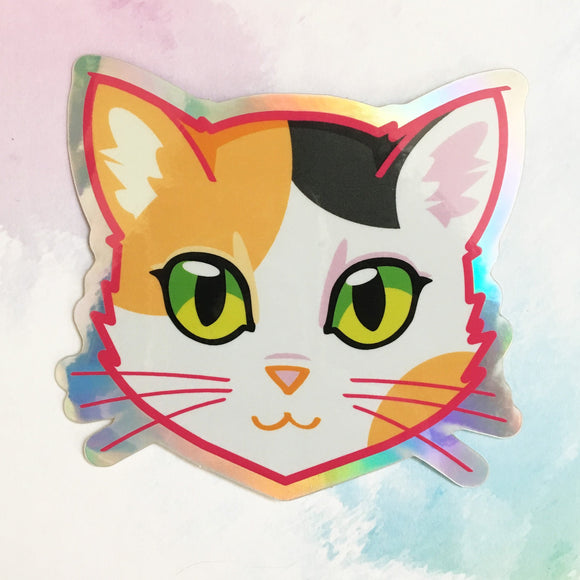 Calico Cat Face - Holographic Sticker