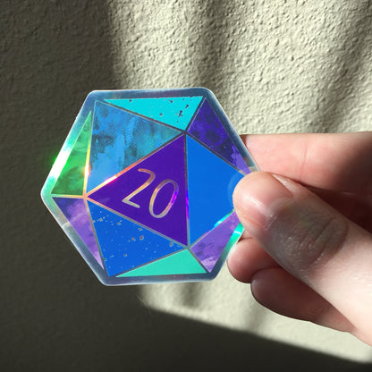 Blue d20 Nat 20 - Holographic Hexagon Sticker