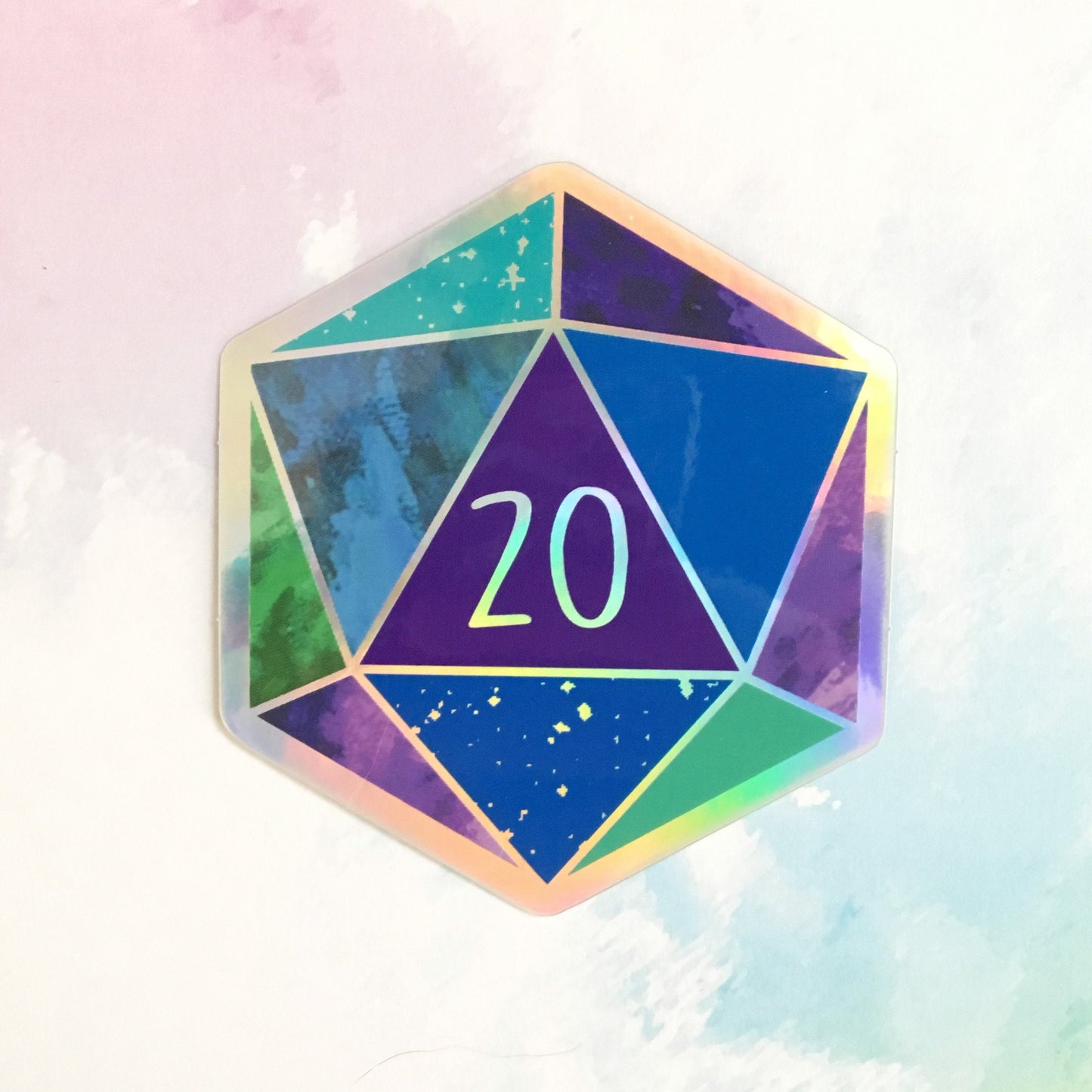 Blue d20 Nat 20 - Holographic Hexagon Sticker