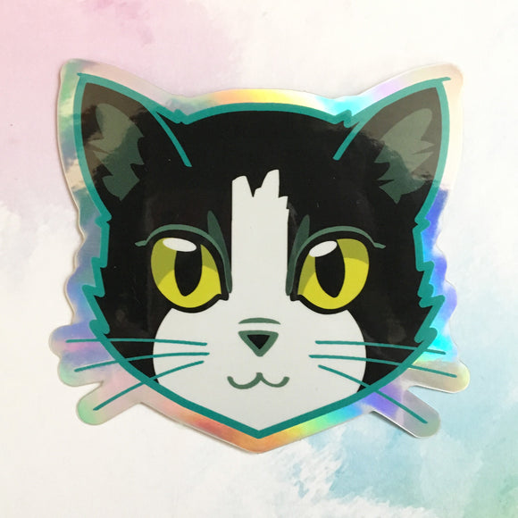 Tuxedo Cat Face (Green Eyes) - Holographic Sticker
