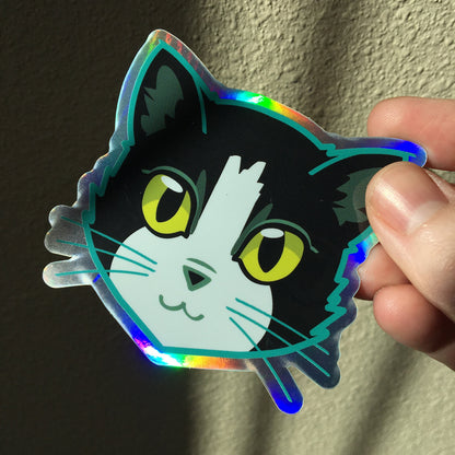 Tuxedo Cat Face (Green Eyes) - Holographic Sticker