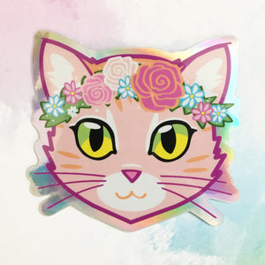Flower Crown Cat - Holographic Sticker