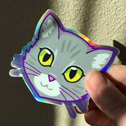 Grey Tabby Cat Face (Green Eyes) - Holographic Sticker