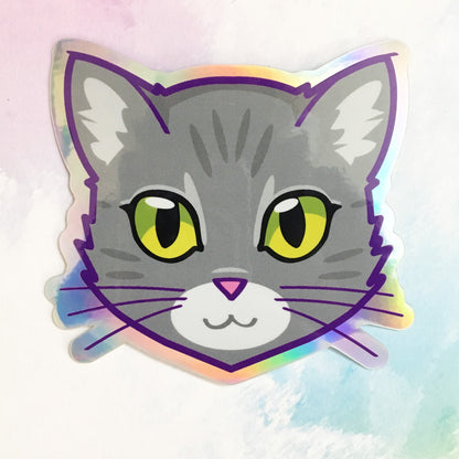 Grey Tabby Cat Face (Green Eyes) - Holographic Sticker