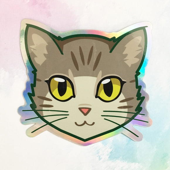 Brown Grey Tabby Cat Face - Holographic Sticker