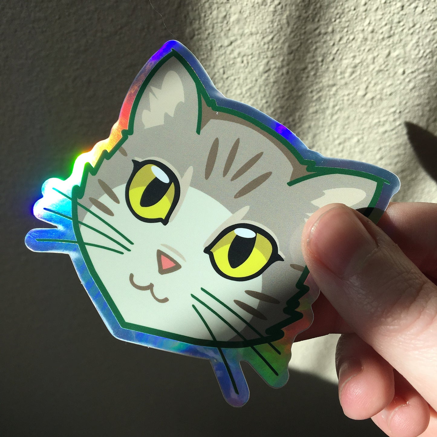 Brown Grey Tabby Cat Face - Holographic Sticker