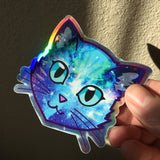 Galaxy Cat Face (Blue) - Holographic Sticker