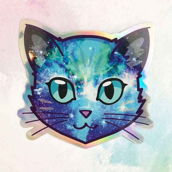 Galaxy Cat Face (Blue) - Holographic Sticker