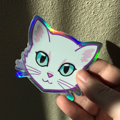 White Cat Face (Blue Eyes) - Holographic Sticker