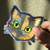 Tortoiseshell Cat Face (Green Eyes) - Holographic Sticker