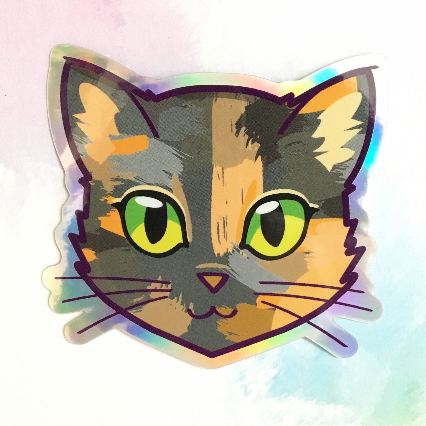 Tortoiseshell Cat Face (Green Eyes) - Holographic Sticker