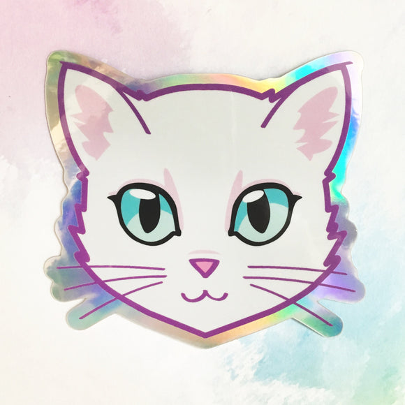 White Cat Face (Blue Eyes) - Holographic Sticker
