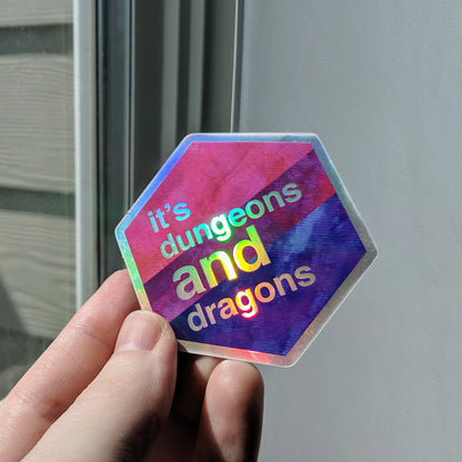 Dungeons AND Dragons - Bi Pride - Holographic Hexagon Sticker