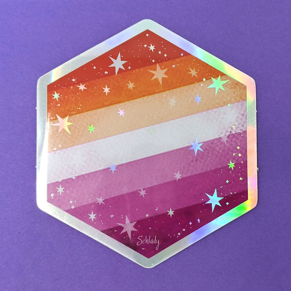 Starry Lesbian Pride Flag - Holographic Hexagon Sticker