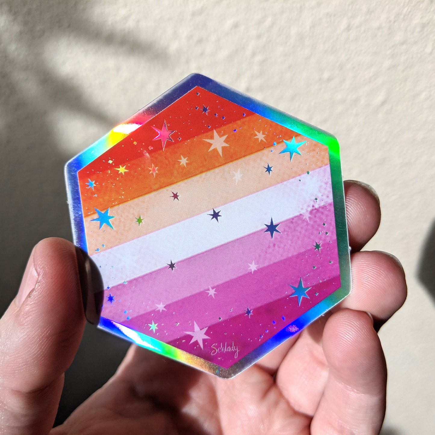 Starry Lesbian Pride Flag - Holographic Hexagon Sticker