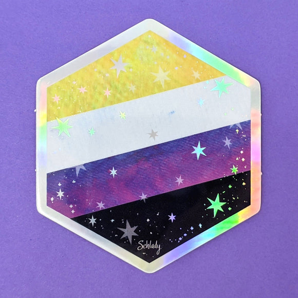 Starry Nonbinary Pride Flag - Holographic Hexagon Sticker