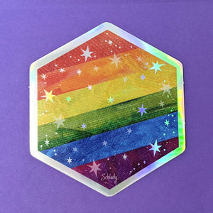 Starry Rainbow Pride Flag - Holographic Hexagon Sticker