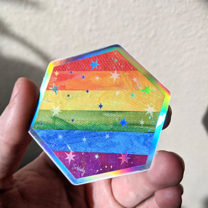 Starry Rainbow Pride Flag - Holographic Hexagon Sticker