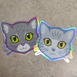 Grey Tabby Cat Face (Green Eyes) - Holographic Sticker