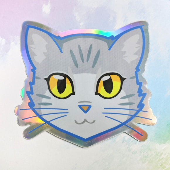 Light Grey Tabby Cat Face (Gold Eyes) - Holographic Sticker