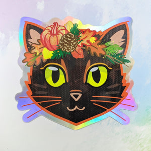 Autumn Harvest Crown Cat - Holographic Sticker
