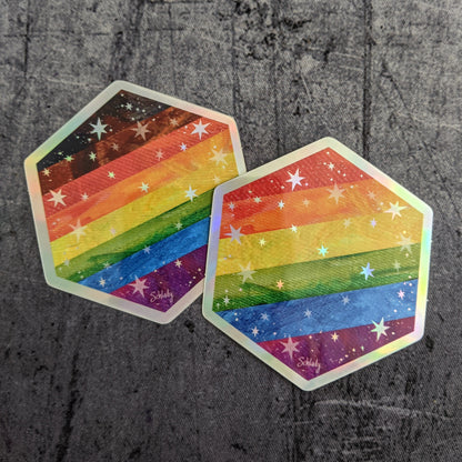 Starry Rainbow Pride Flag - Holographic Hexagon Sticker