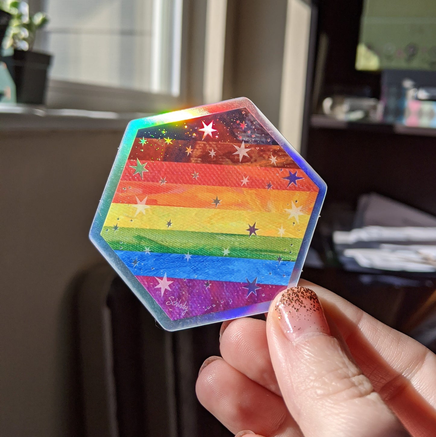 Starry Rainbow Pride Flag - Holographic Hexagon Sticker