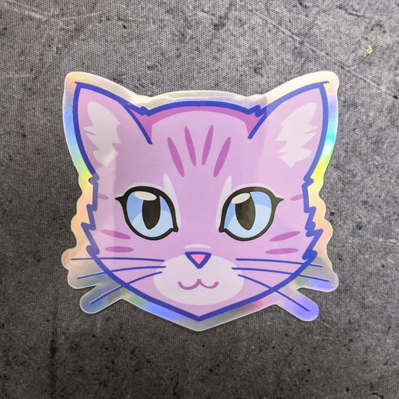 Purple Cat Face - Holographic Sticker